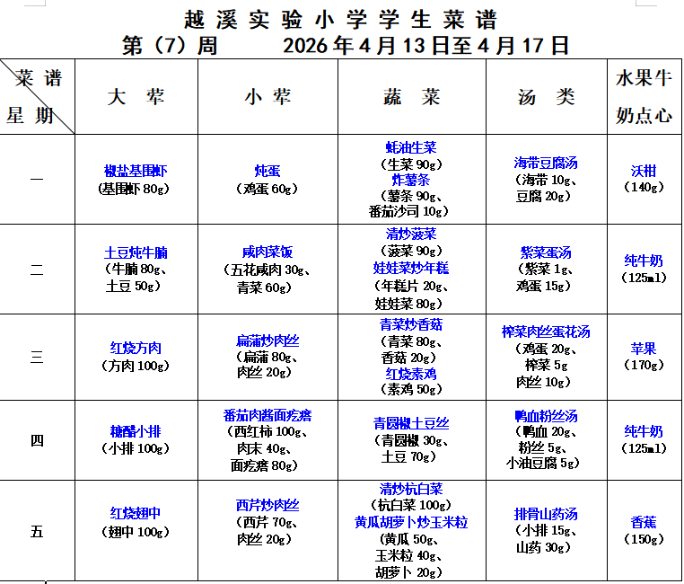 2025-2026学年第二学期越溪实小学生菜谱（第7周）
