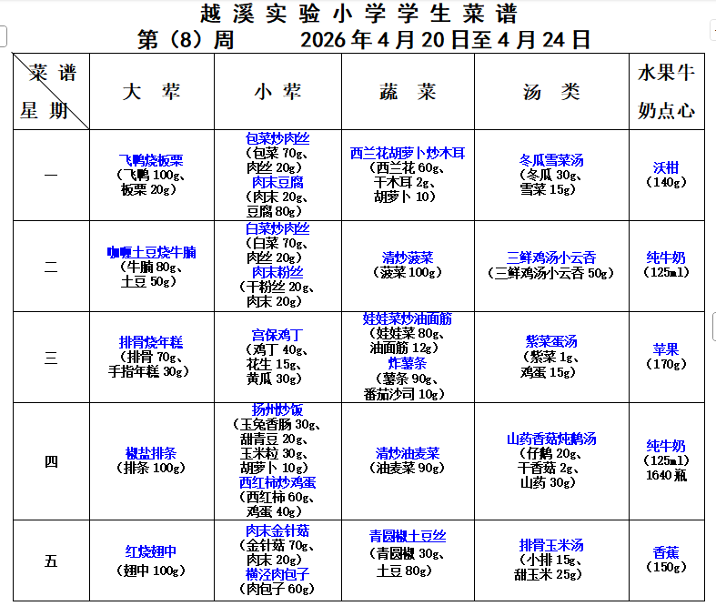 2025-2026学年第二学期越溪实小学生菜谱（第8周）