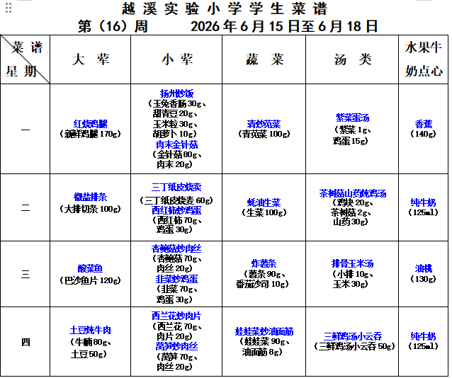 2025-2026学年第二学期越溪实小学生菜谱（第16周）