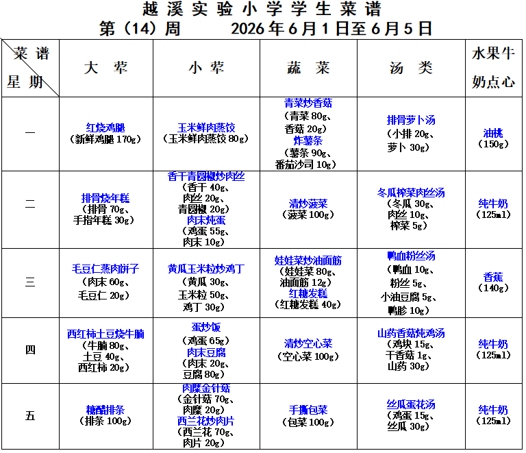 2025-2026学年第二学期越溪实小学生菜谱（第14周）