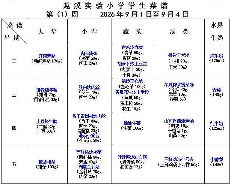2026-2027学年第一学期越溪实小学生菜谱（第1周）